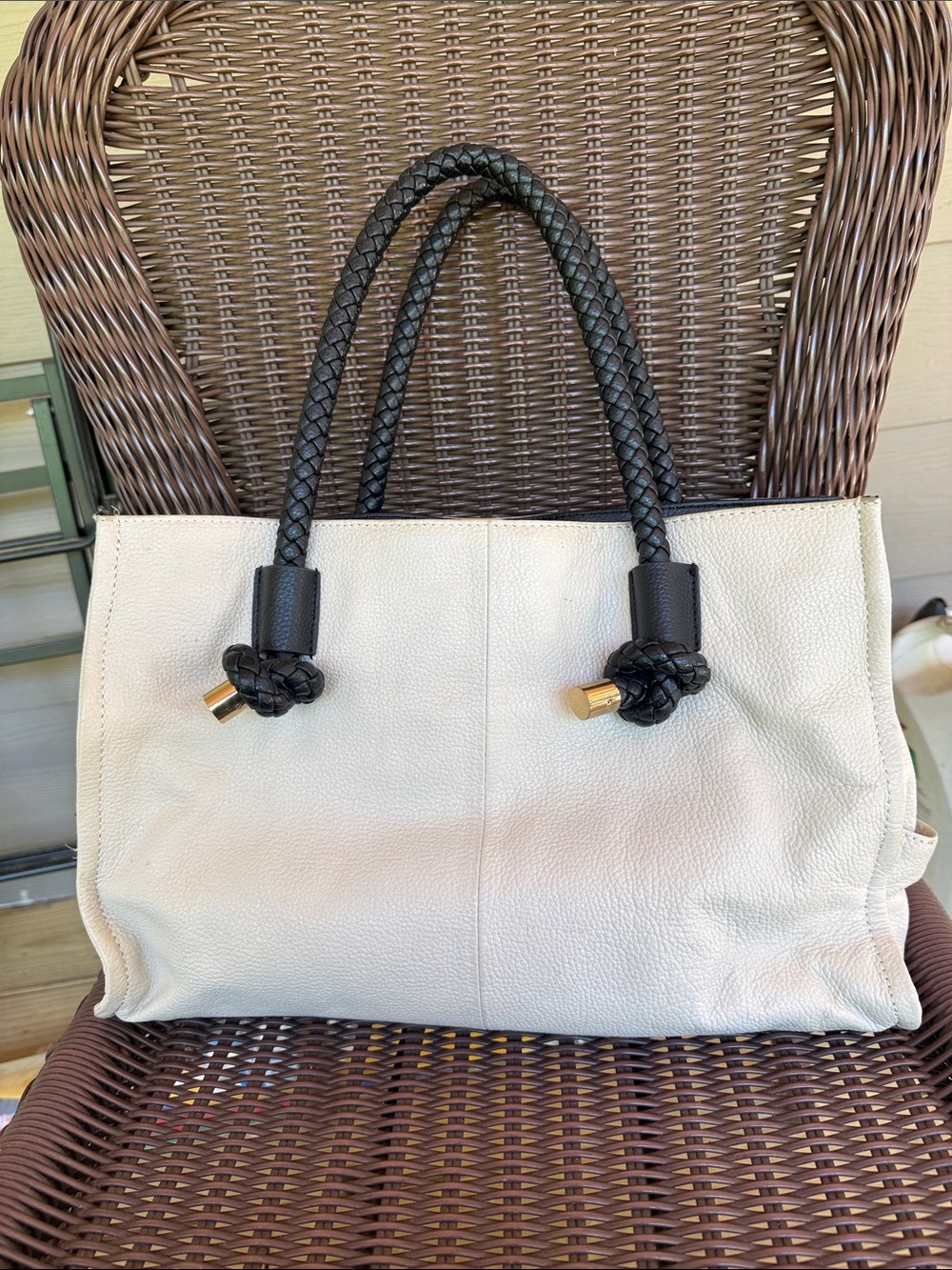 Sondra Roberts Cream Leather Tote with Black Braided Handles and Gold Accents